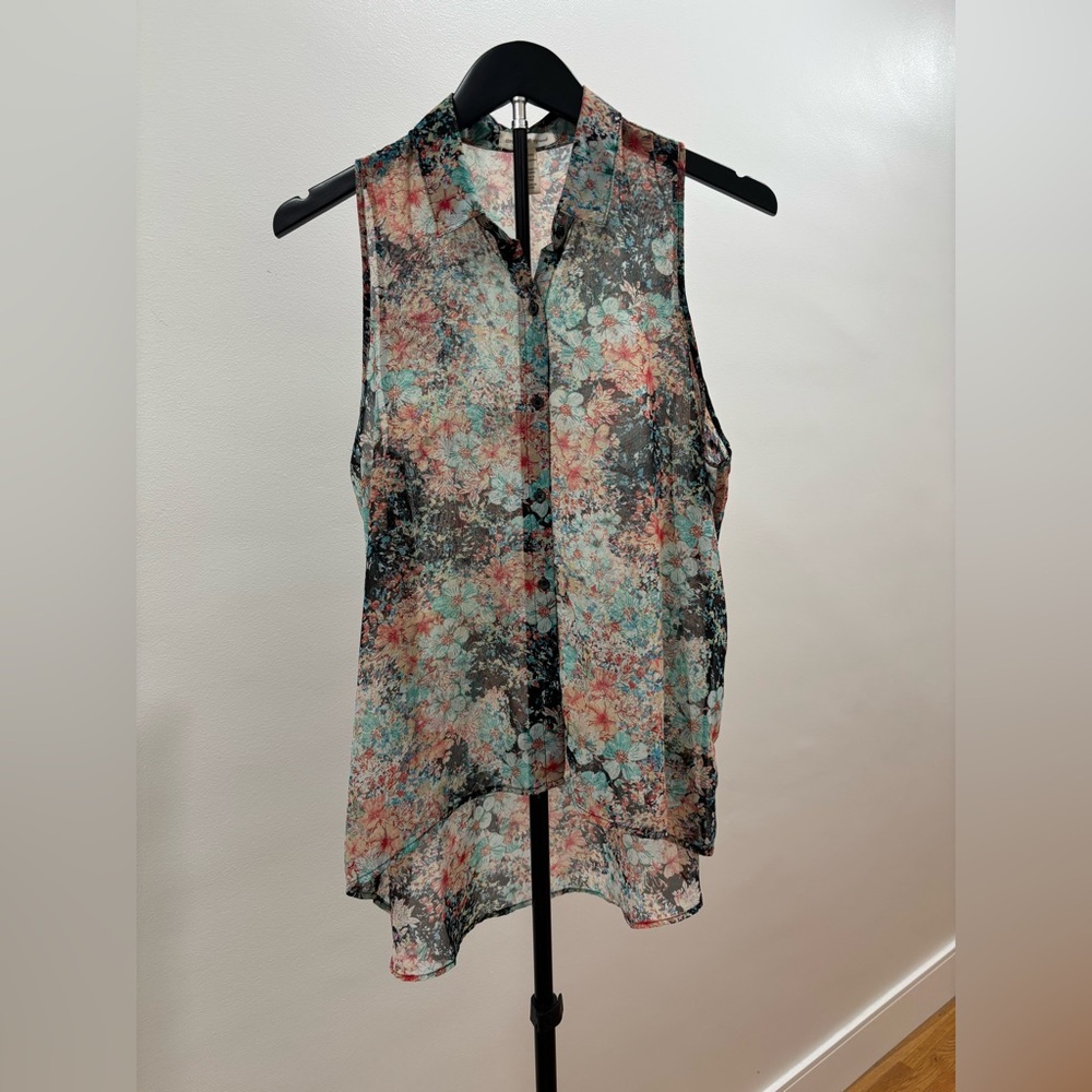 701. Ambiance Sleeveless Floral Sheer Button-Front Blouse - Teal, Coral, Black